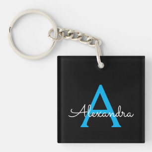 Blue Black Script Girly Monogram Name Key Ring