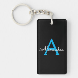 Blue Black Script Girly Monogram Name Key Ring