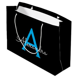 Blue Black Script Girly Monogram Name Large Gift Bag