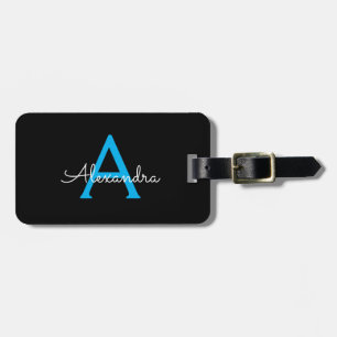 Blue Black Script Girly Monogram Name Luggage Tag