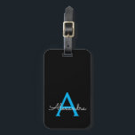 Blue Black Script Girly Monogram Name Luggage Tag<br><div class="desc">Blue and Black Monogram Add Your Own Name Script Signature Pillow. The luggage bag tag makes the perfect sweet 16 birthday,  wedding,  bridal shower,  baby shower or bachelorette party gift for someone who loves a chic elegant and modern style.</div>