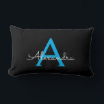 Blue Black Script Girly Monogram Name Lumbar Cushion<br><div class="desc">Blue and Black Monogram Add Your Own Name Lumbar Pillow. This makes the perfect sweet 16 birthday,  wedding,  bridal shower,  anniversary,  baby shower or bachelorette party gift for someone that loves glam luxury and chic styles.</div>
