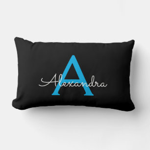 Blue Black Script Girly Monogram Name Lumbar Cushion