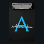 Blue Black Script Girly Monogram Name Mini Clipboard<br><div class="desc">Black and Blue Name Planning Clipboard. This makes the perfect sweet 16 birthday,  wedding,  bridal shower,  anniversary,  baby shower or bachelorette party gift for someone that loves glam luxury and chic styles.</div>