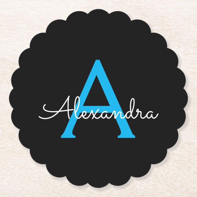 Blue Black Script Girly Monogram Name Paper Coaster (Front)