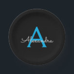 Blue Black Script Girly Monogram Name Paper Plate<br><div class="desc">Blue and Black Monogram Add Your Own Name Script Party Plates. This makes the perfect sweet 16 birthday,  wedding,  bridal shower,  anniversary,  baby shower or bachelorette party gift for someone that loves glam luxury and chic styles.</div>