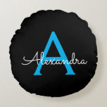 Blue Black Script Girly Monogram Name Round Cushion<br><div class="desc">Black and Blue Simple Script Monogram Name Pouf Pillow. The pillow makes the perfect sweet 16 birthday,  wedding,  bridal shower,  baby shower or bachelorette party gift for someone decorating her room in rose gold.</div>