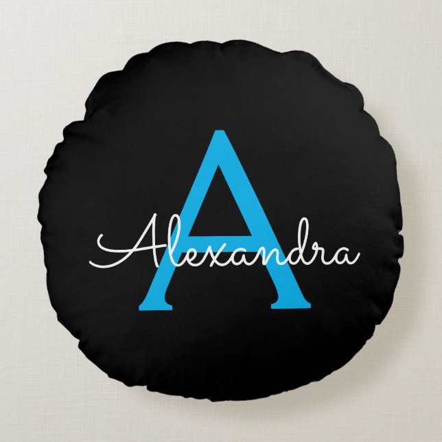 Blue Black Script Girly Monogram Name Round Cushion (Front)