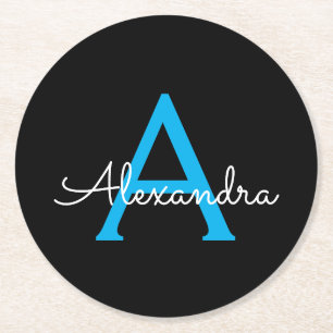 Blue Black Script Girly Monogram Name Round Paper Coaster