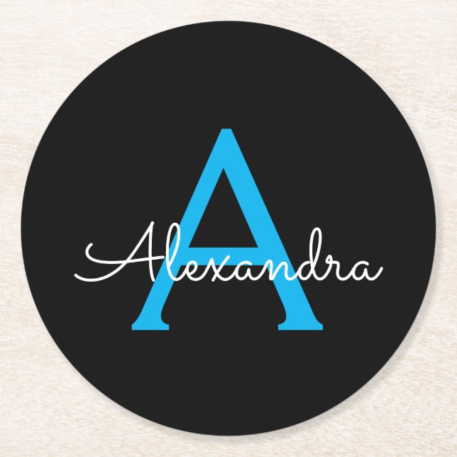 Blue Black Script Girly Monogram Name Round Paper Coaster (Front)
