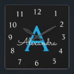 Blue Black Script Girly Monogram Name Square Wall Clock<br><div class="desc">Blue and Black Script Monogram Name Clock. This makes the perfect sweet 16 birthday,  wedding,  bridal shower,  anniversary,  baby shower or bachelorette party gift for someone that loves glam luxury and chic styles.</div>