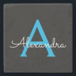 Blue Black Script Girly Monogram Name Stone Coaster<br><div class="desc">Black and Blue Simple Script Monogram Name Stone Tile. This makes the perfect graduation,  sweet 16 birthday,  wedding,  bridal shower,  anniversary,  baby shower or bachelorette party gift for someone that loves glam luxury and chic styles.</div>