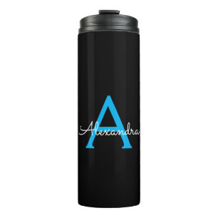 Blue Black Script Girly Monogram Name Thermal Tumbler
