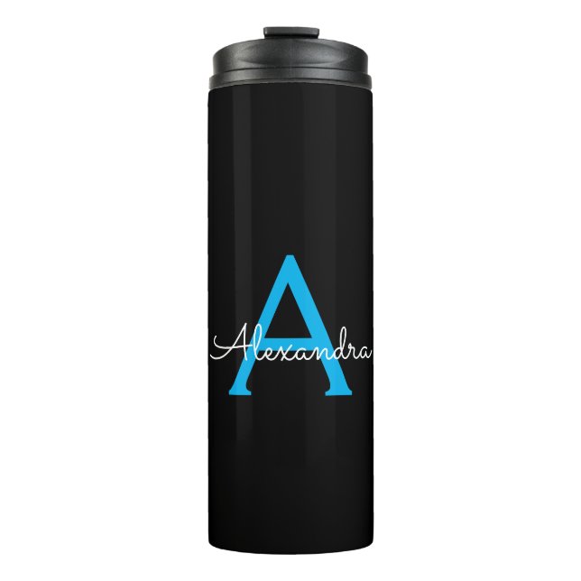 Blue Black Script Girly Monogram Name Thermal Tumbler (Front)