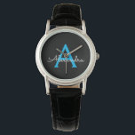 Blue Black Script Girly Monogram Name Watch<br><div class="desc">Black and Blue Simple Script Monogram Name Watch. This makes the perfect graduation,  birthday,  wedding,  bridal shower,  anniversary,  baby shower or bachelorette party gift for someone that loves glam luxury and chic styles.</div>