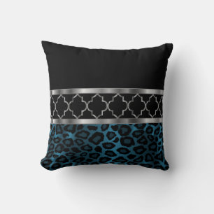 Blue, Black & Silver Quatrefoil and Leopard Cushion
