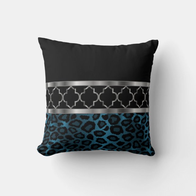 Blue, Black & Silver Quatrefoil and Leopard Cushion (Front)