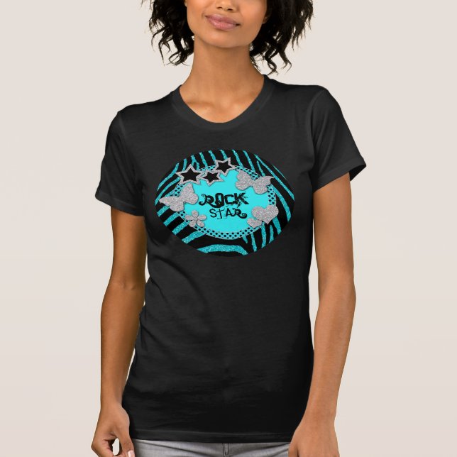 Blue Black Silver Zebra Glitter Rock Star TShirt (Front)