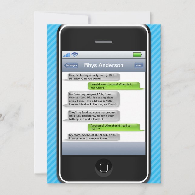 Blue/Black Smart Phone iParty Birthday Party Invitation (Front)