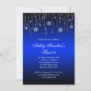 Blue Black Snowflakes Sweet 16 Winter Wonderland Invitation