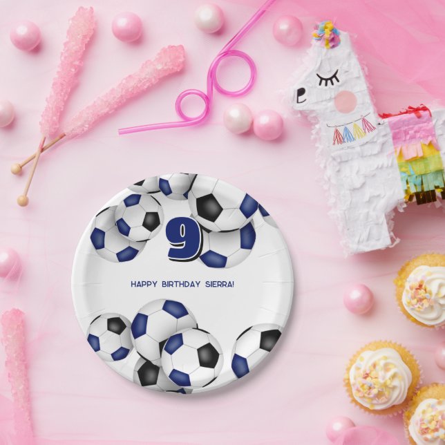 blue black soccer balls kids birthday party paper plate (Party)