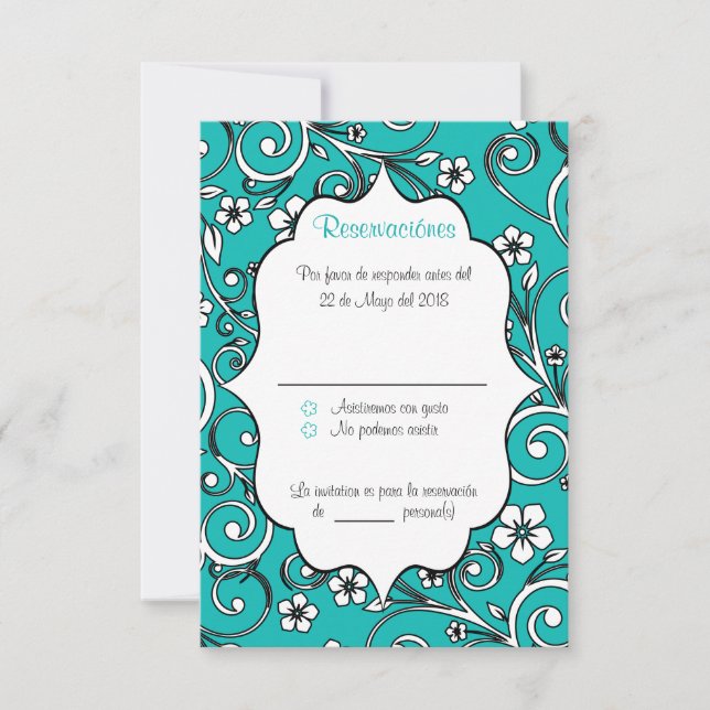 Blue & Black Spanish Quinceañera RSVP Card (Front)