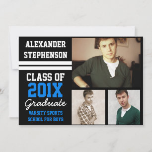 Blue/Black Sporty Boys 3 Photo Graduation Invitation