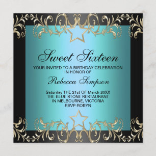 Blue & Black Star Sweet 16 Birthday Invitation