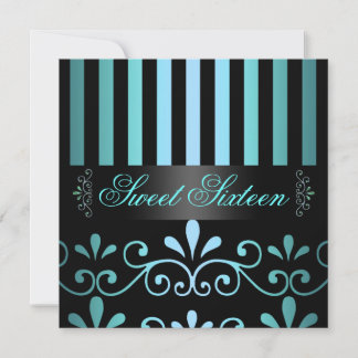 Blue/Black Stripe & Swirl Sweet 16 Invite