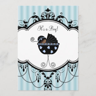 Blue Black Stripes Baby Boy Shower Invitations