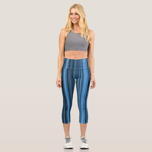 Blue Black Stripes Capri Leggings (Front)