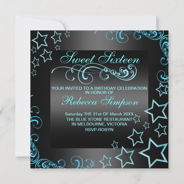 Blue/Black Sweet16 Star & Swirl Birthday Invite (Front)