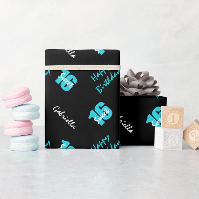 Blue Black Sweet 16 Personalised Wrapping Paper (Baby Shower)