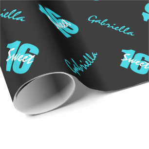 Blue Black Sweet 16 Personalised Wrapping Paper