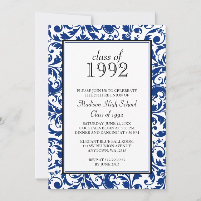 Blue Black Swirl Damask Class Reunion Invitation (Front)