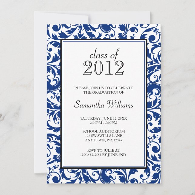 Blue Black Swirl Damask Graduation Announcement (Front)