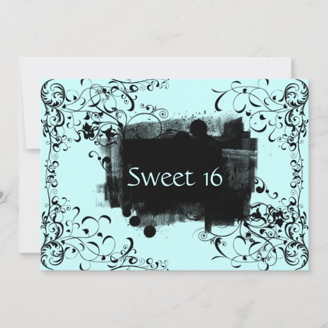 Blue & Black Swirl Sweet Sixteen Party Invitations (Front)