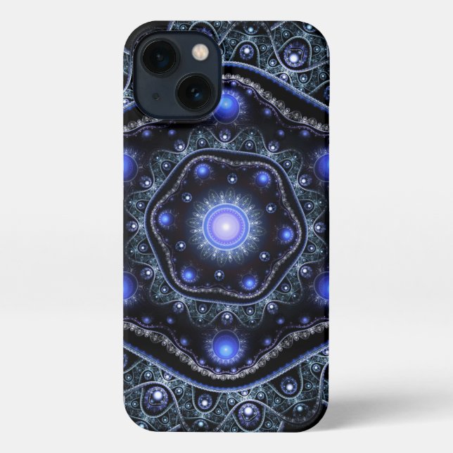 Blue Black Teal Shining Lace Boho Fractal Mandala iPhone Case (Back)