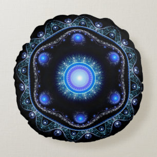 Blue Black Teal Shining Lace Boho Fractal Mandala Round Cushion