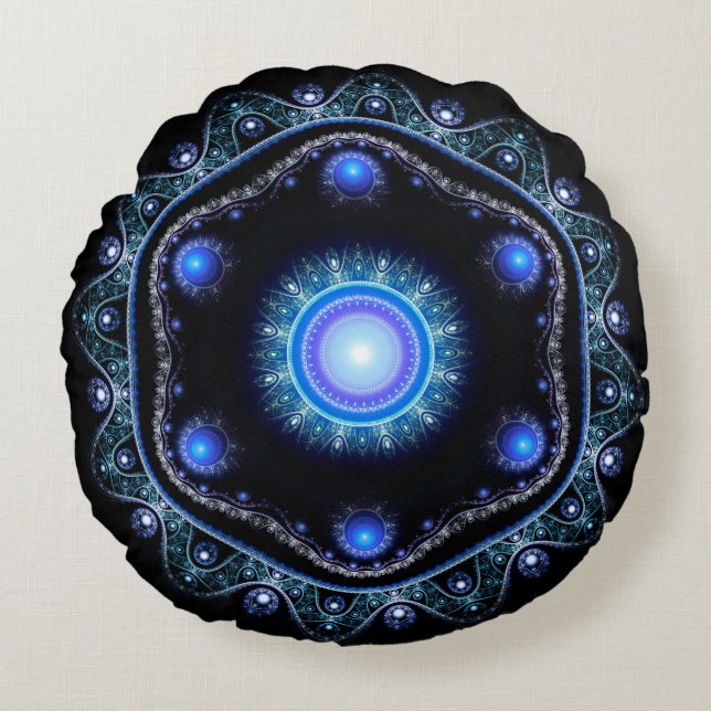 Blue Black Teal Shining Lace Boho Fractal Mandala Round Cushion (Front)