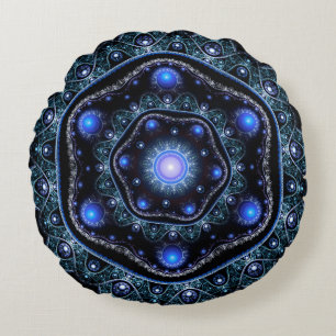 Blue Black Teal Shining Lace Boho Fractal Mandala Round Cushion
