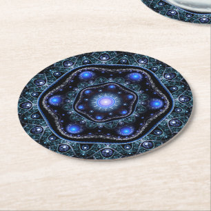 Blue Black Teal Shining Lace Boho Fractal Mandala Round Paper Coaster