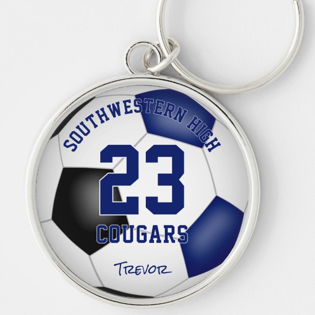 blue black team colours boys girls soccer  key ring (Front)