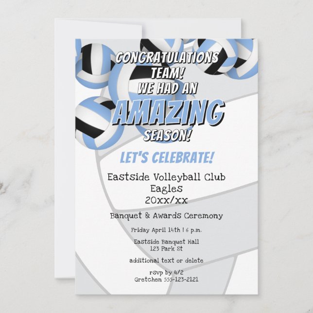 blue black team colours girls boys volleyball part invitation (Front)