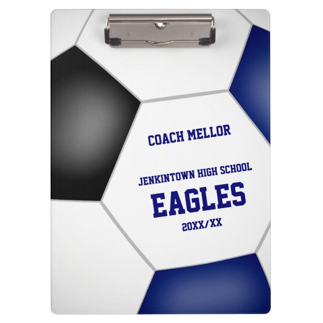 blue black team colours personalised soccer coach clipboard (Front)