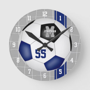 Blue black team colours varsity stripes soccer round clock