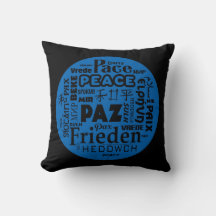Blue/black throw cushion, peace in multi languages