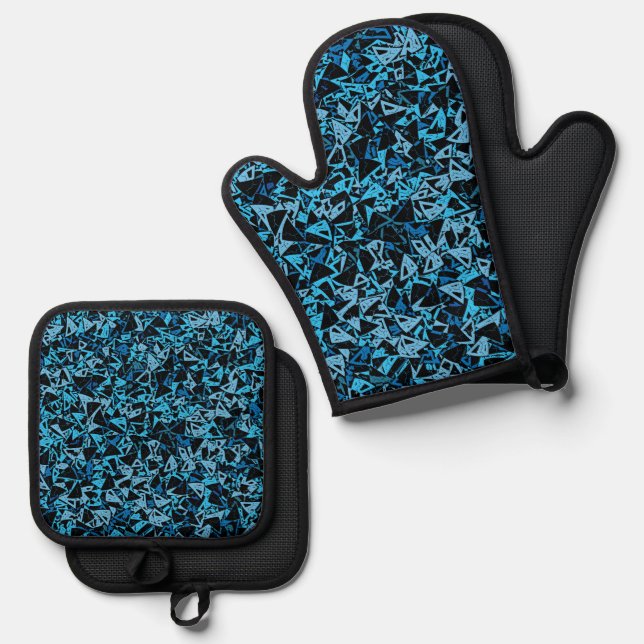 Blue Black Triangle Pattern Oven Mitt & Pot Holder Set (Front/Back)