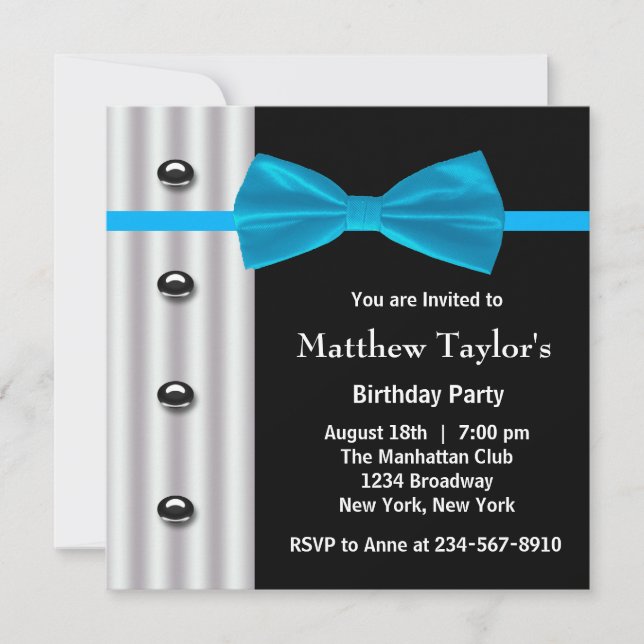 Blue Black Tuxedo Bow Tie Mens Birthday Party Invi Invitation (Front)