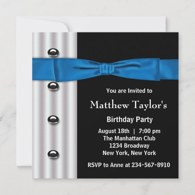 Blue Black Tuxedo Bow Tie Mens Birthday Party Invitation (Front)